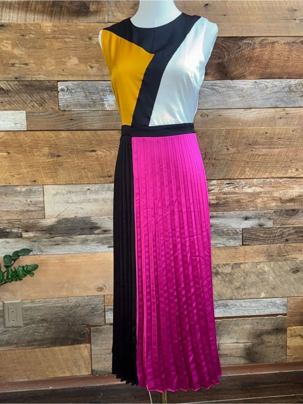 Karl Lagerfeld Paris Colorblock Pleated Geometric Midi Dress Magenta Yellow SZ 8